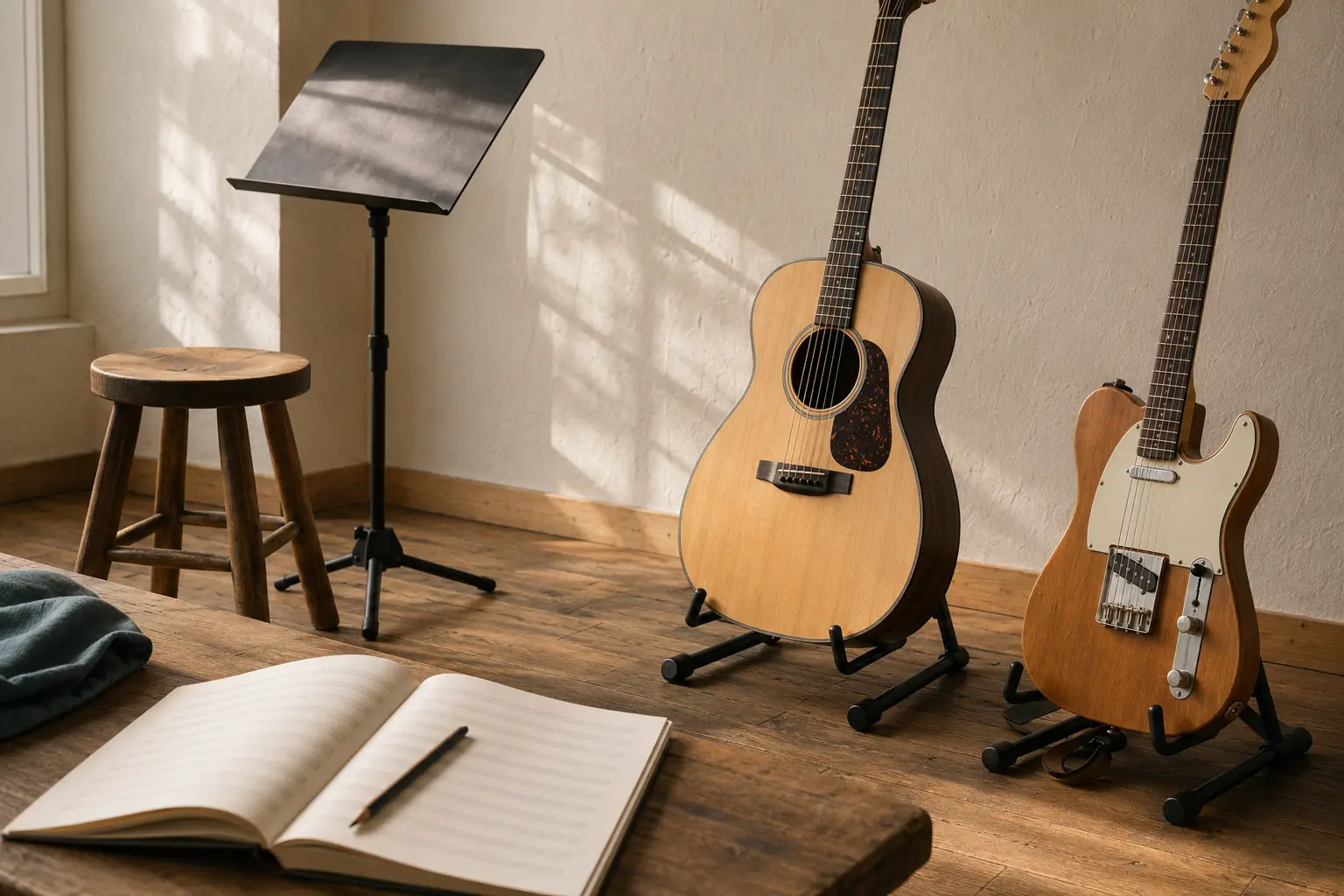 Gitarrenunterricht im Dreieck mit zwei Gitarren und einem stabilen Notenpult, ohne erkennbare Gesichter